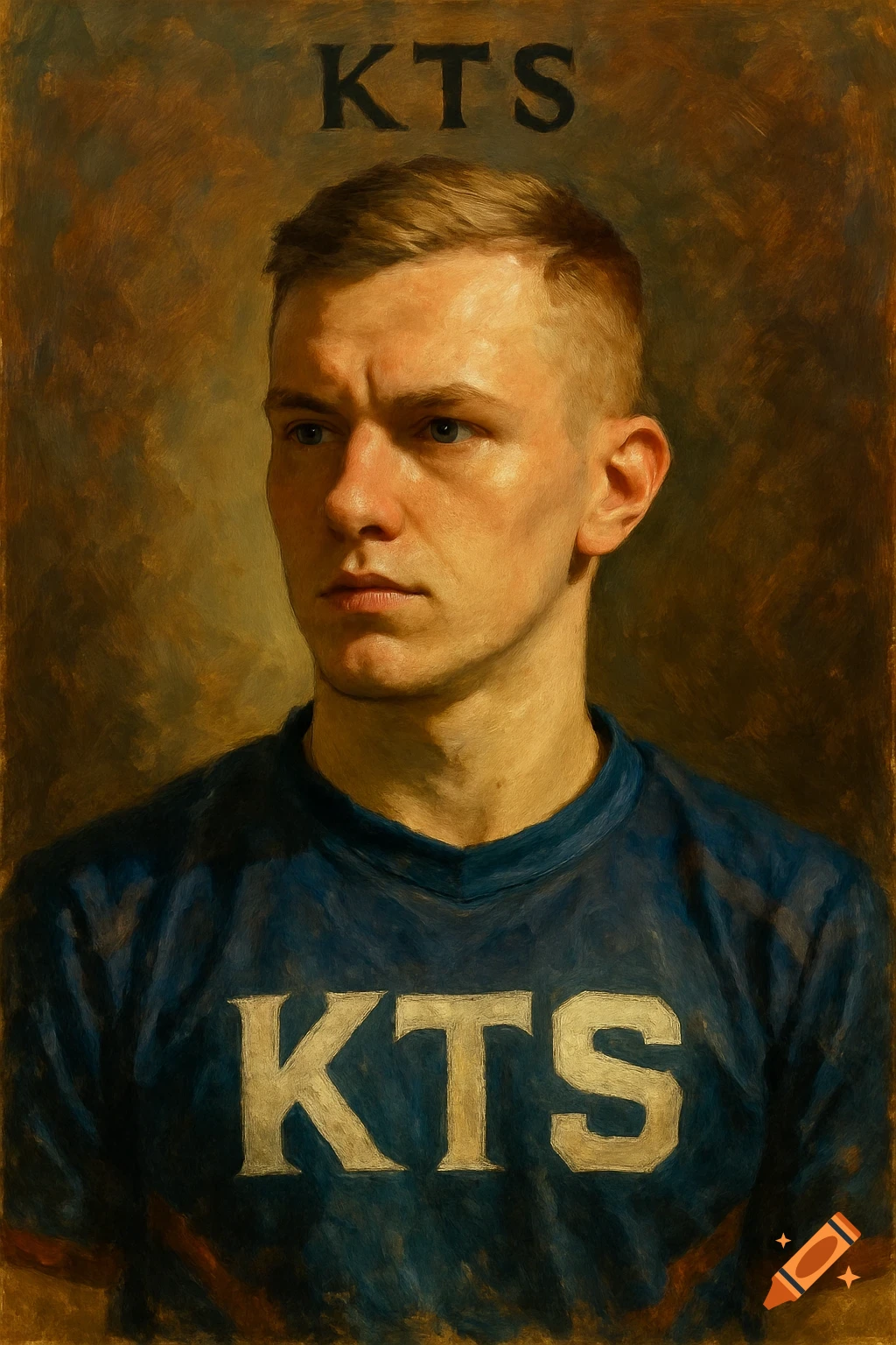 Oil painting portrait of a stern man in a blue shirt with "KTS" printed on it and above his head.