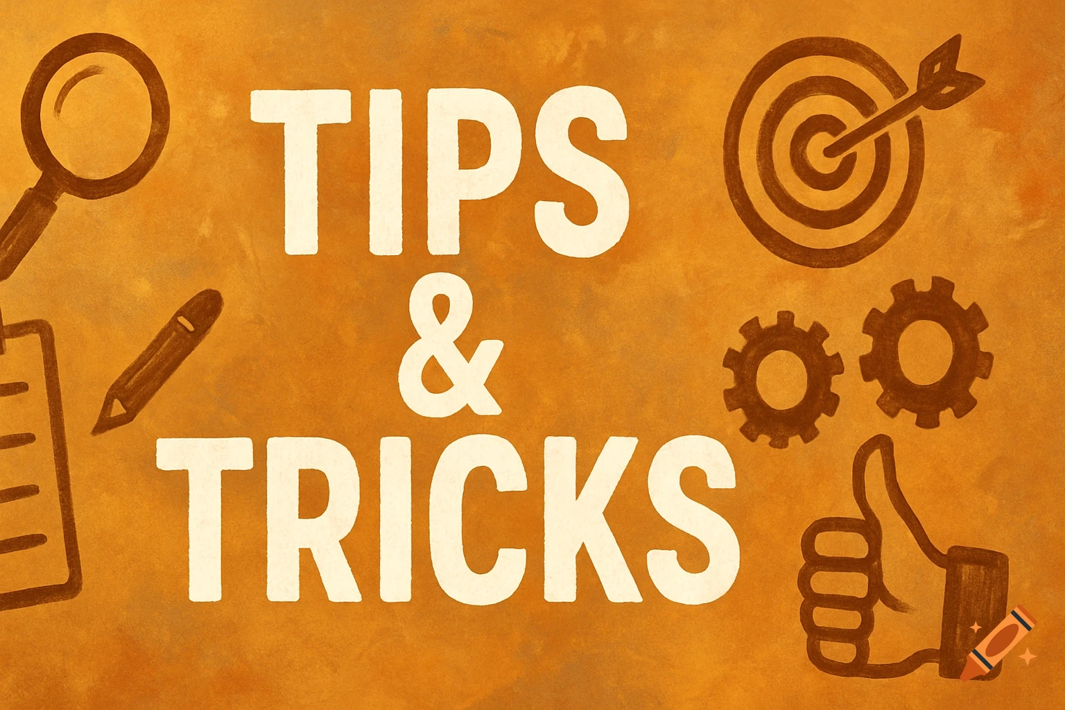 White 'TIPS & TRICKS' text on a textured orange background, with hand-drawn icons of a magnifying glass, notepad, target, gears, and thumbs up.