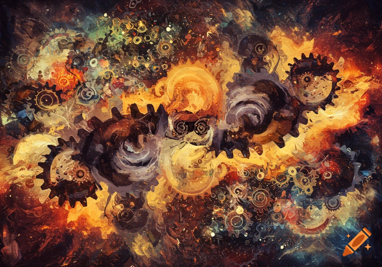 An abstract painting depicts an explosion of interconnected gears and mechanical elements in warm, fiery colors against a dark background.