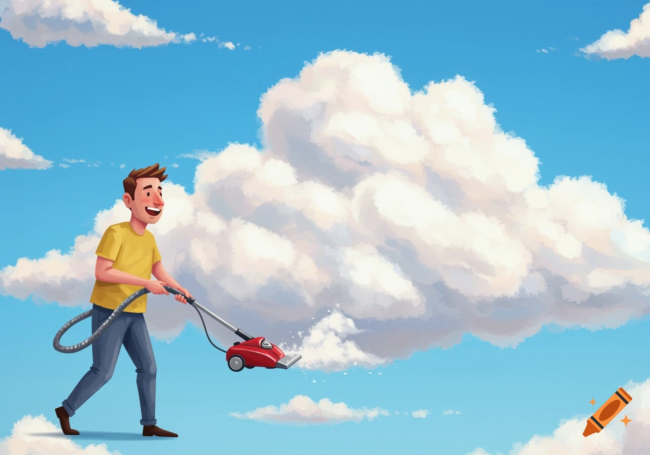 A cartoon man vacuums a large white cloud in a bright blue sky with other fluffy clouds.