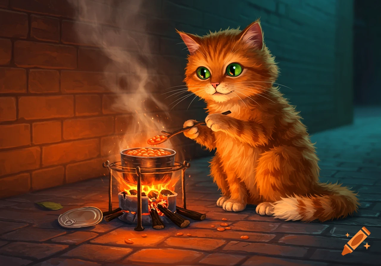 Cute orange cat stirring beans over a fire at night.