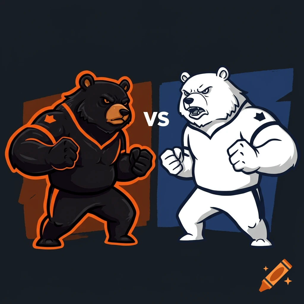 Cartoon illustration of a black bear versus a white bear with fists raised, in a fighting stance.