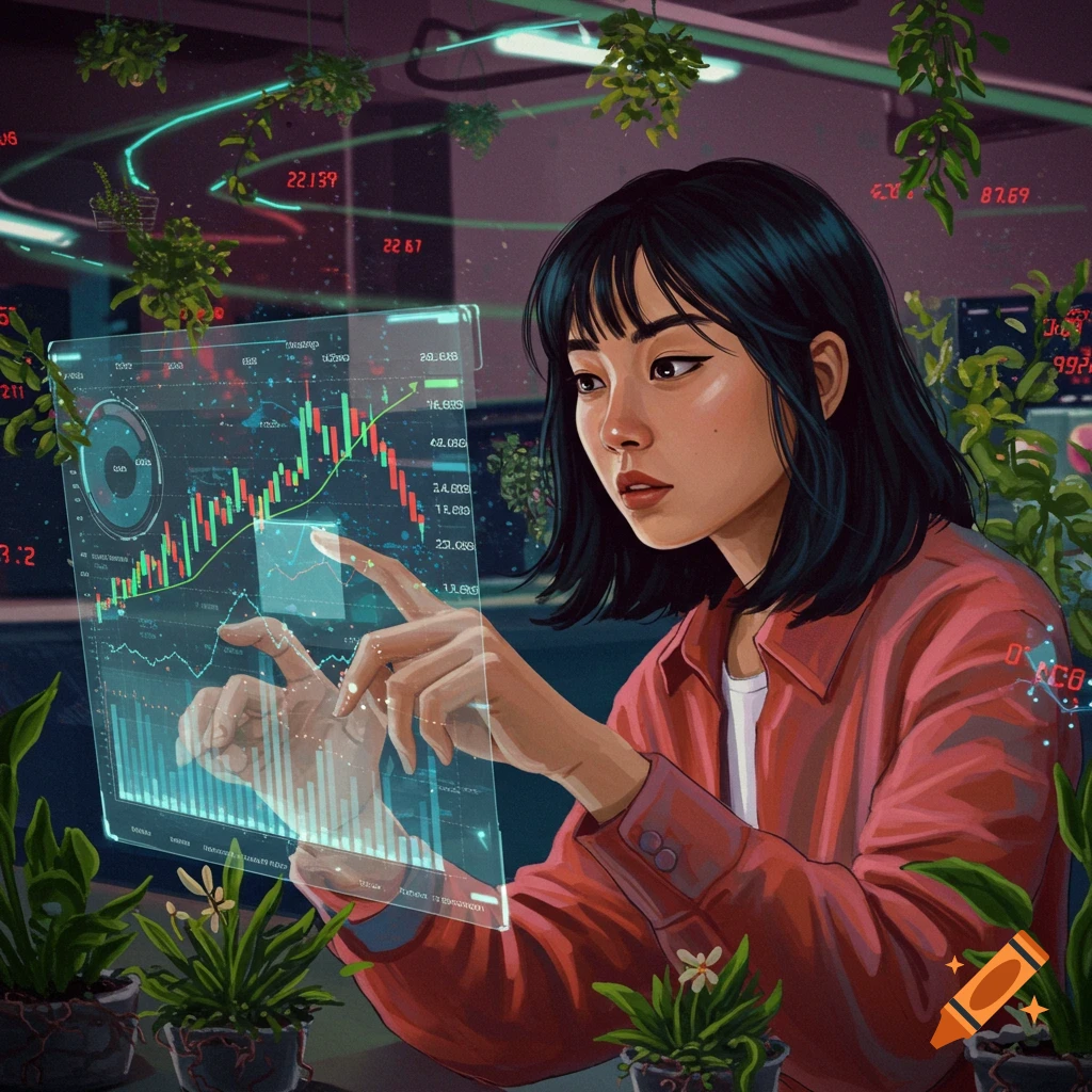 An Asian woman interacts with a glowing holographic screen displaying stock market data and charts in a futuristic, plant-filled setting.