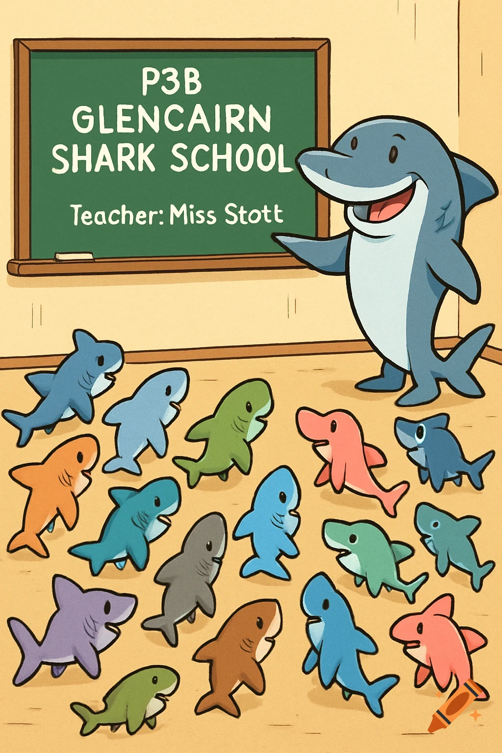 A cartoon teacher shark in front of a blackboard with student sharks. The board reads 'P3B GLENCAIRN SHARK SCHOOL Teacher: Miss Stott'.
