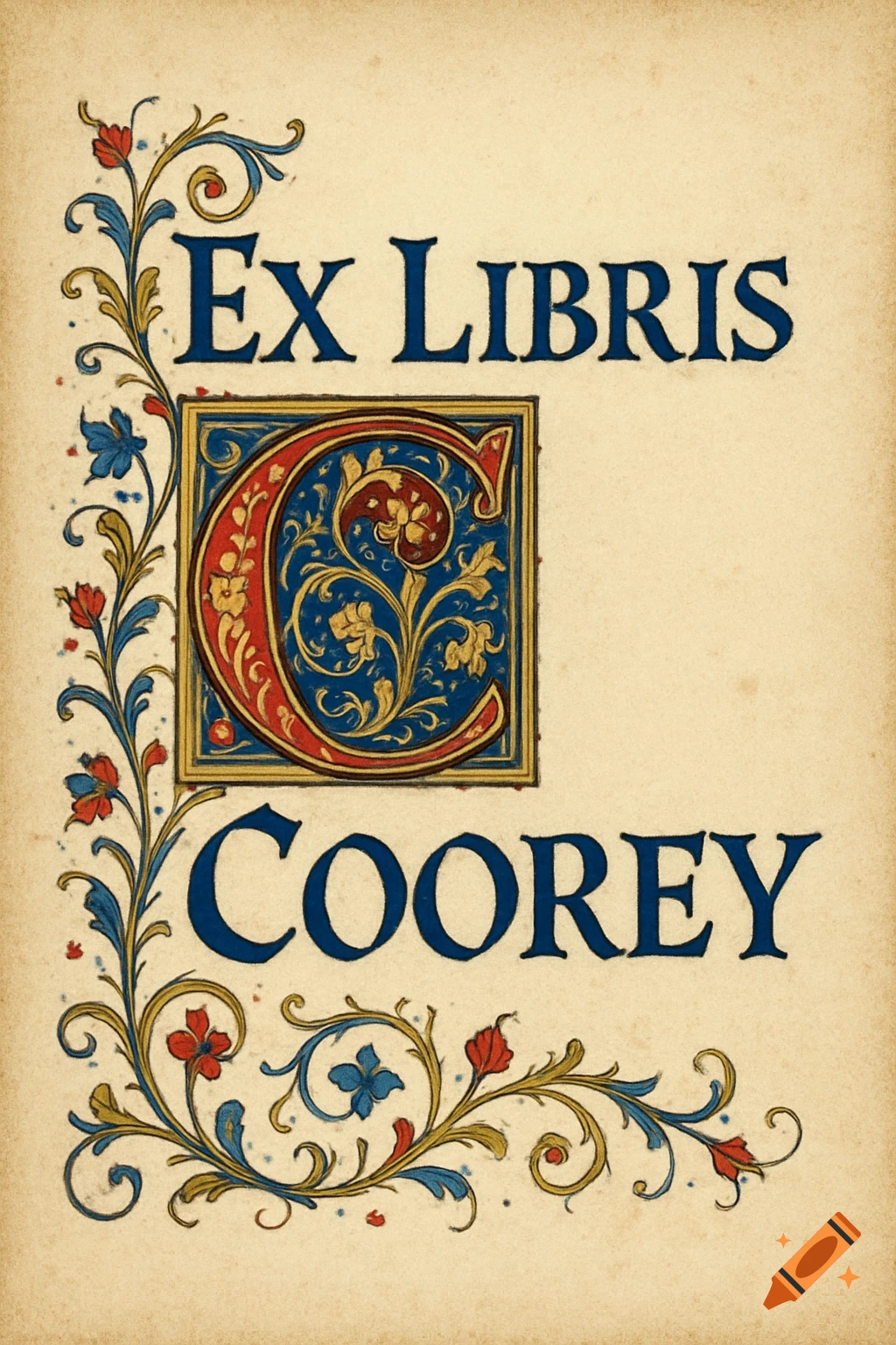 Ex Libris Coorey text in an illuminated medieval manuscript style with a decorated initial 'C' and floral borders.