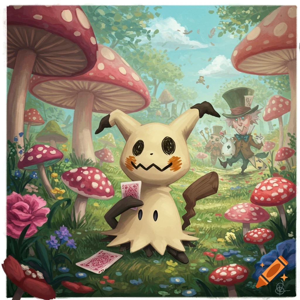Mimikyu stands among giant mushrooms holding a playing card, with the Mad Hatter in the background in a fantasy illustration style.