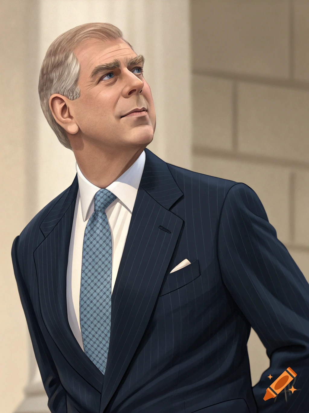 Animated portrait of a distinguished man with gray hair in a dark pinstripe suit and blue tie looking upwards.