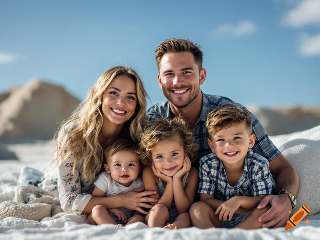A smiling family of five, including a mother, father, two sons, and a daughter, sits on a blanket outdoors in a photorealistic style.