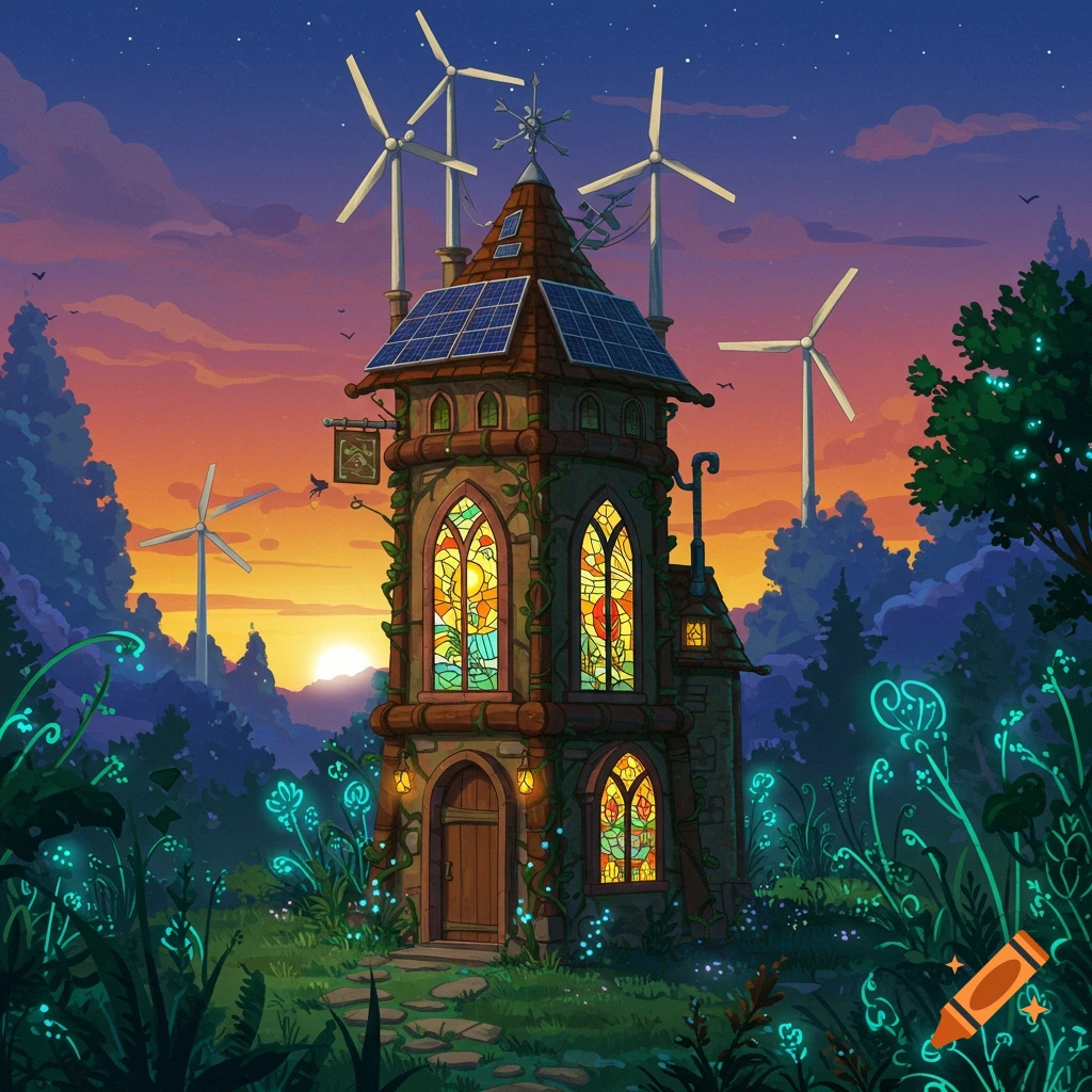 A solarpunk tower with stained glass windows, solar panels, and wind turbines at sunset, surrounded by glowing plants.