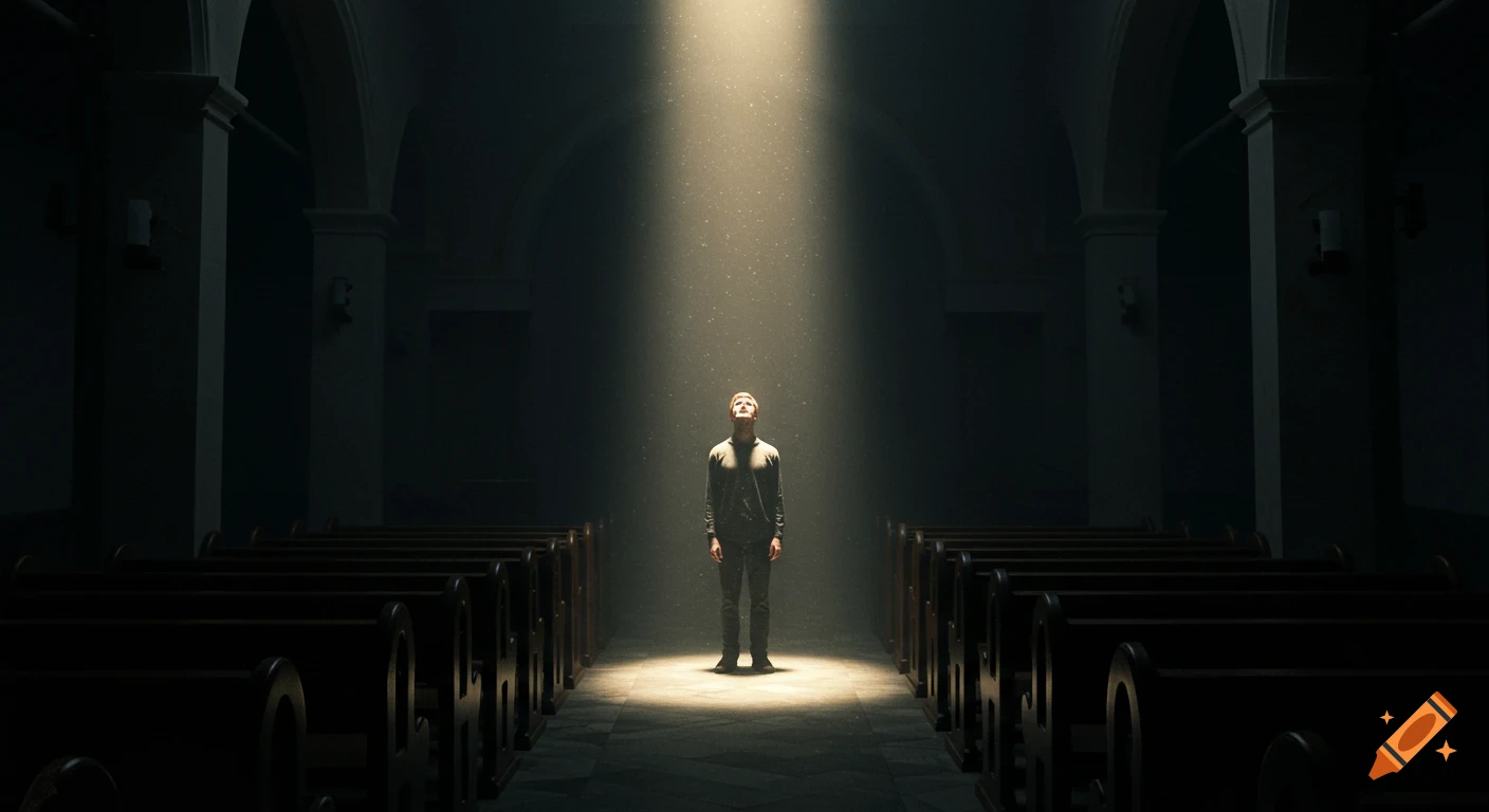 A lone person stands in a dimly lit church aisle, looking up into a bright beam of light shining from above, with rows of empty pews on either side.