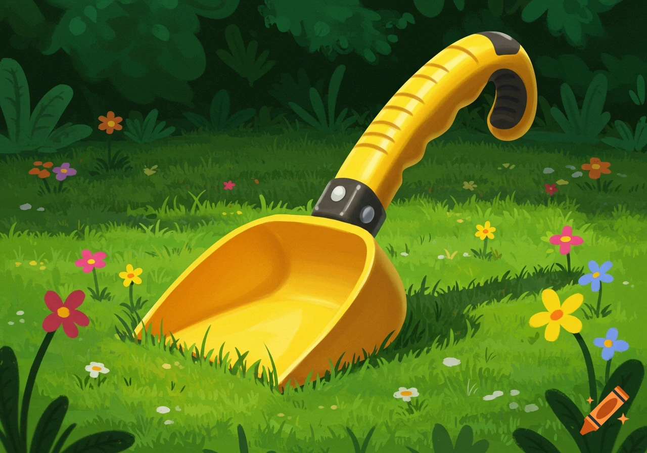 A bright yellow scoop is partially buried in lush green grass, surrounded by colorful cartoon flowers and dark green foliage in the background.