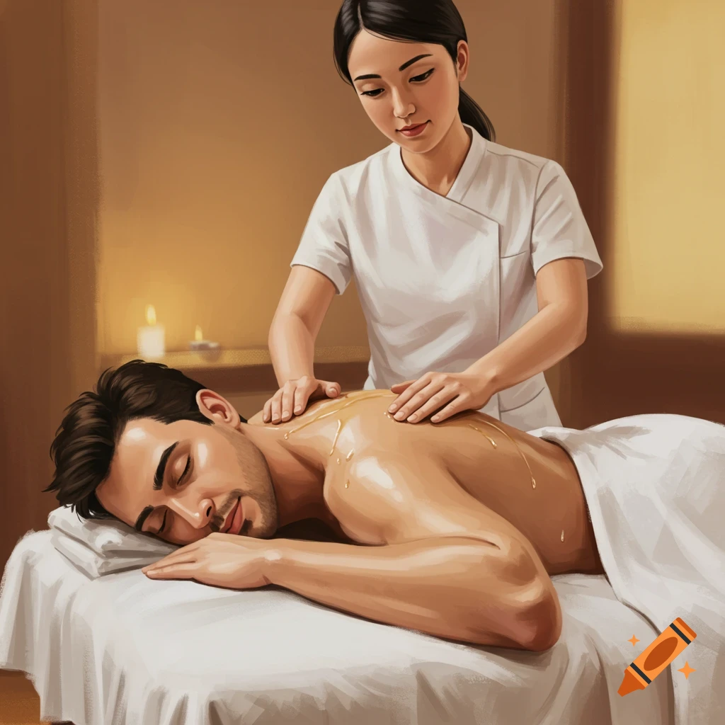 An illustrated scene of a man receiving a back massage with oil from a woman in a spa setting.