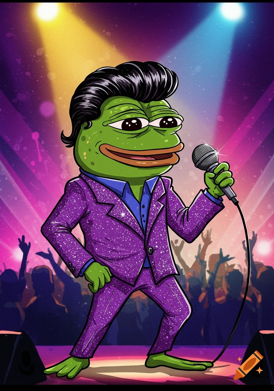 A cartoon Pepe the frog dressed in a sparkling purple suit with a pompadour hairstyle sings into a microphone on stage, illuminated by spotlights with a cheering crowd in the background.