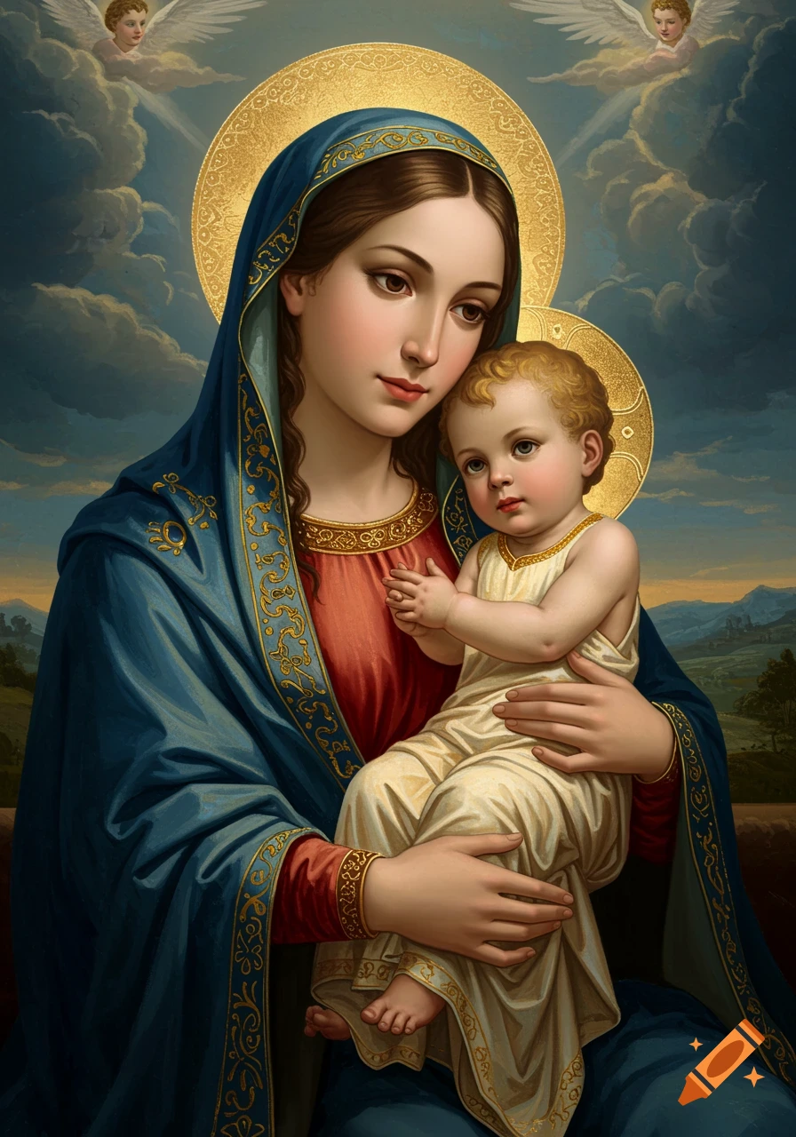 A classical painting of the Virgin Mary holding Baby Jesus, with angels and clouds in the background.