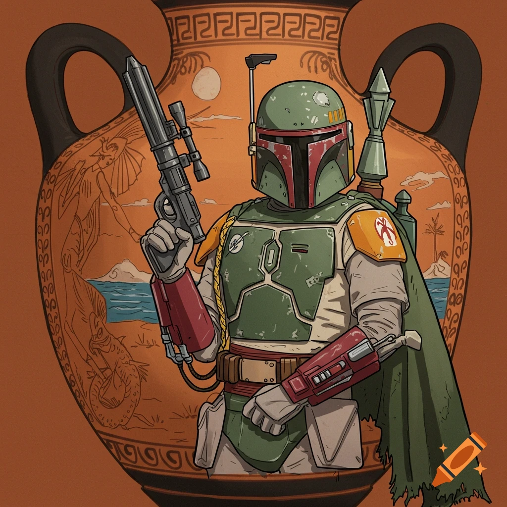 Boba Fett stands in front of a large ancient Greek vase with mythological scenes, in a comic book style.