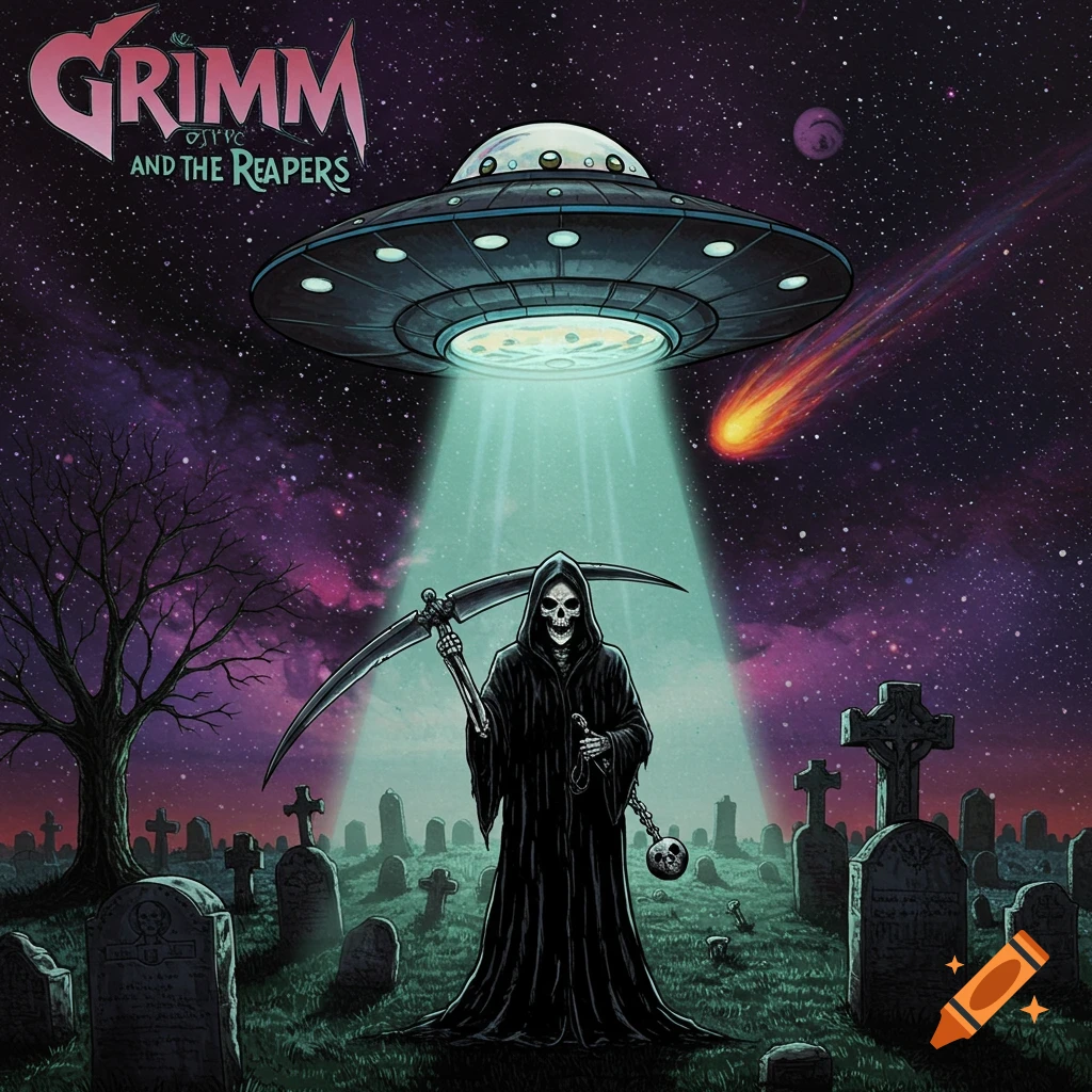 Grim Reaper in a cemetery under a starry sky with a UFO beam, a comet, and text 'Grimm and the Reapers'.