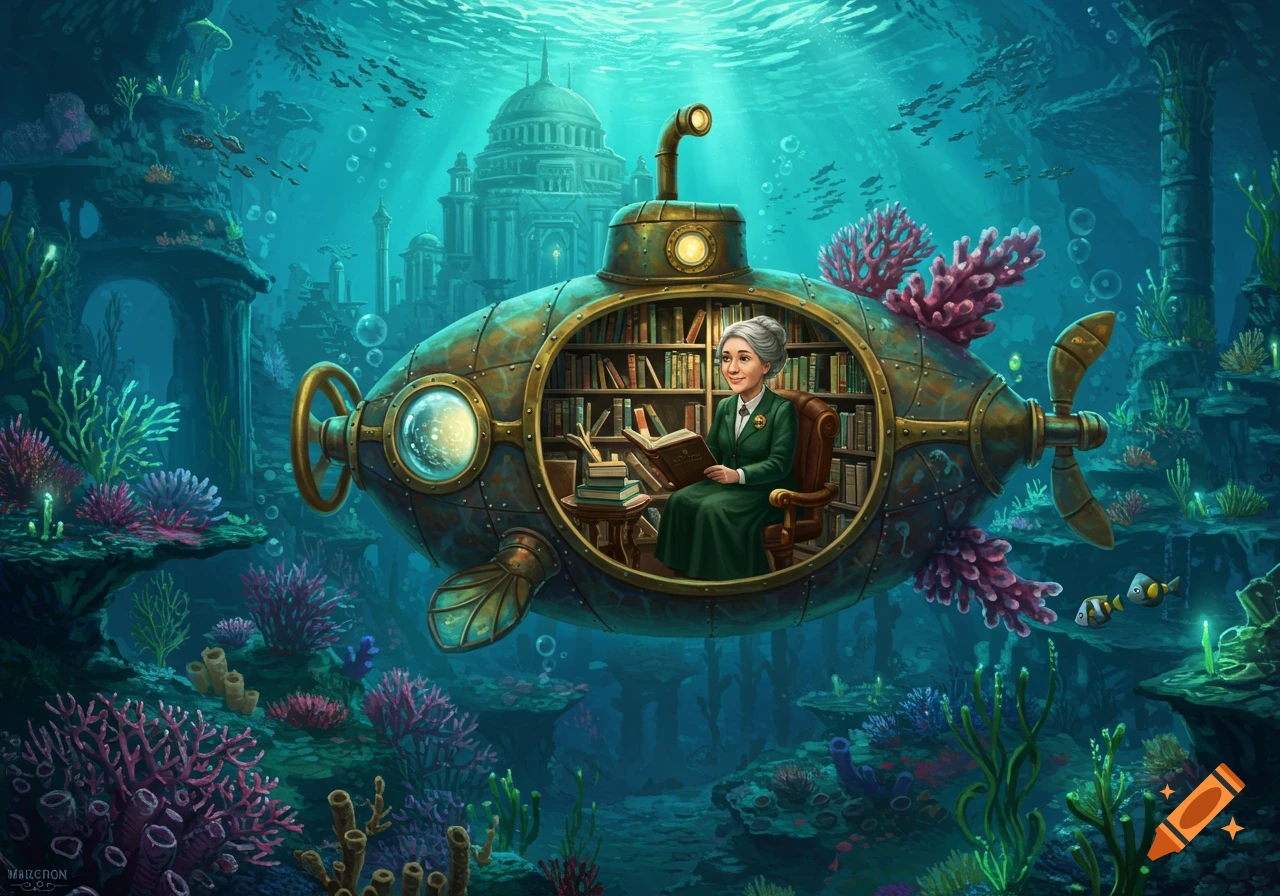 A grey-haired female librarian reads a book inside a detailed steampunk submarine bookmobile, surrounded by an vibrant underwater city resembling Atlantis with coral and fish.