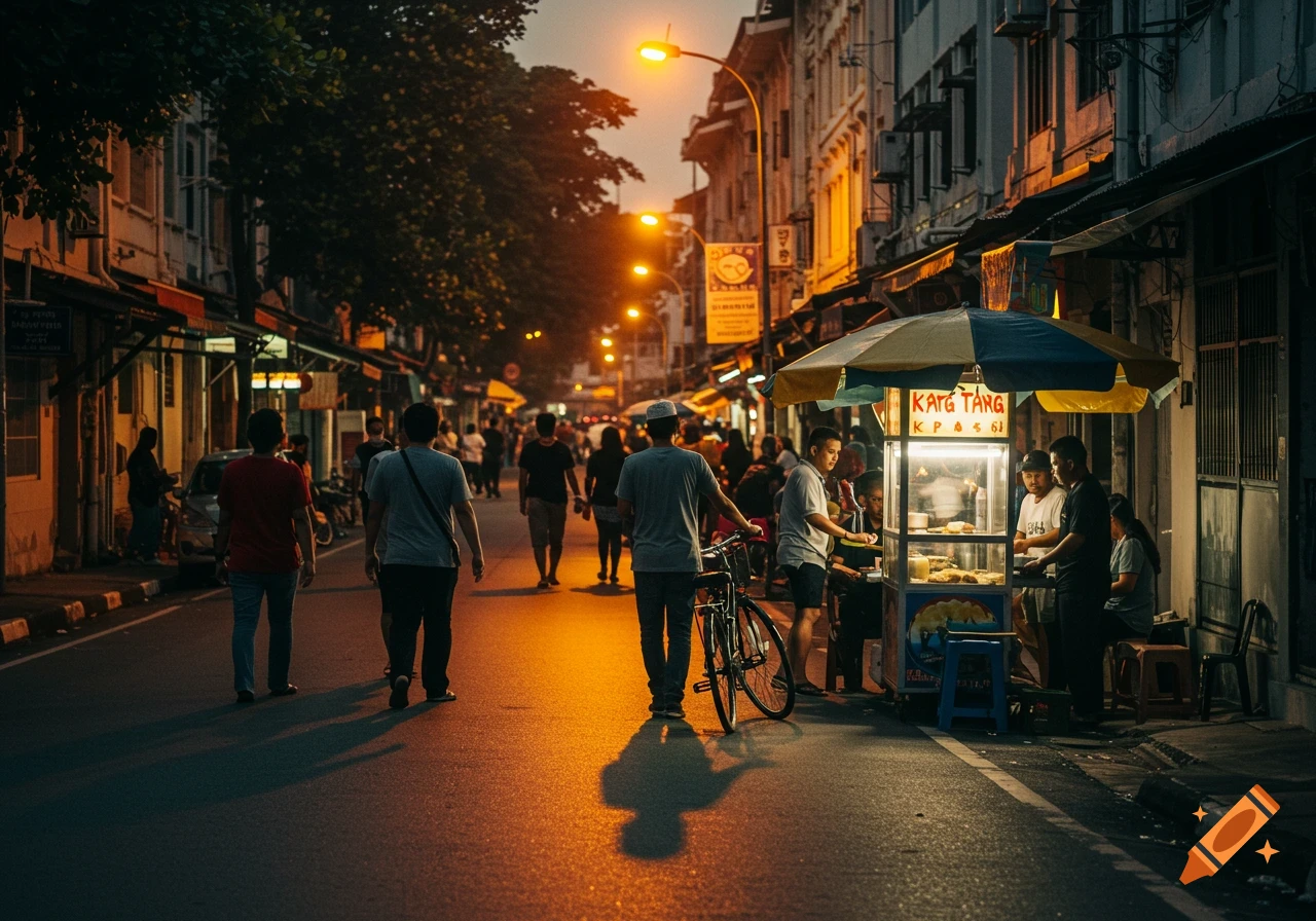 A bustling street scene at dusk with people walking and a food stall with an illuminated counter under an umbrella.