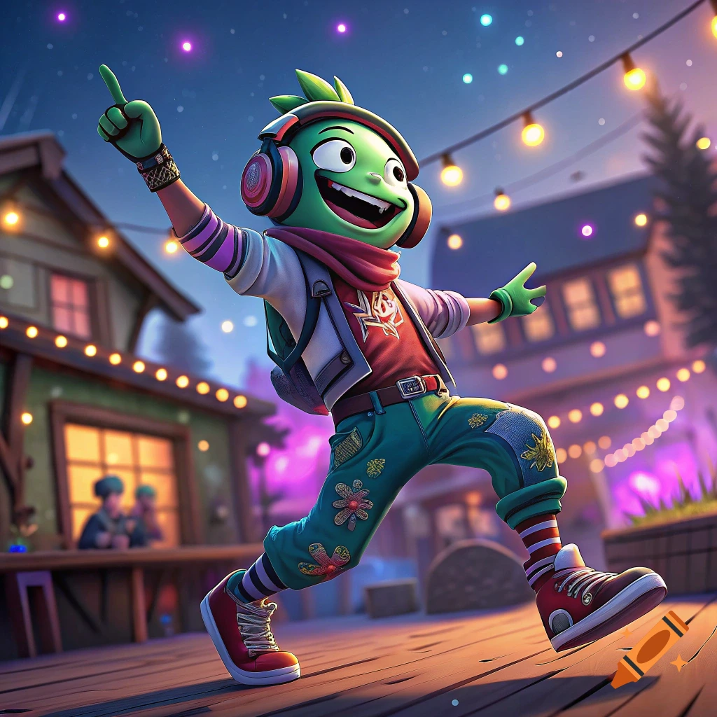 A cartoon character with green skin and headphones dances outdoors under string lights.