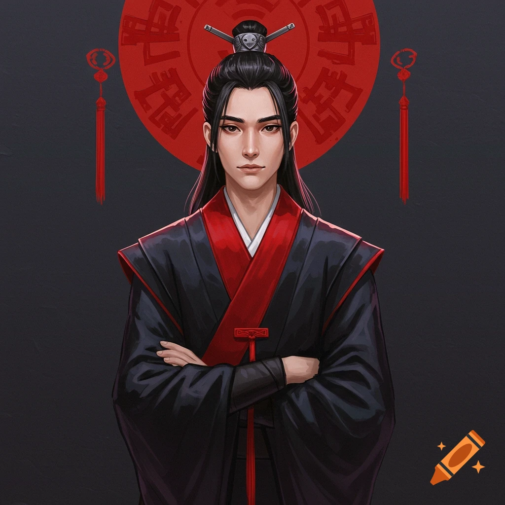 Portrait of a person in traditional black and red robes with arms crossed, against a stylized red background.