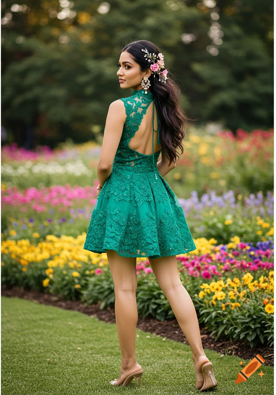 A woman in a green lace dress standing in a colorful flower garden, looking back over her shoulder.