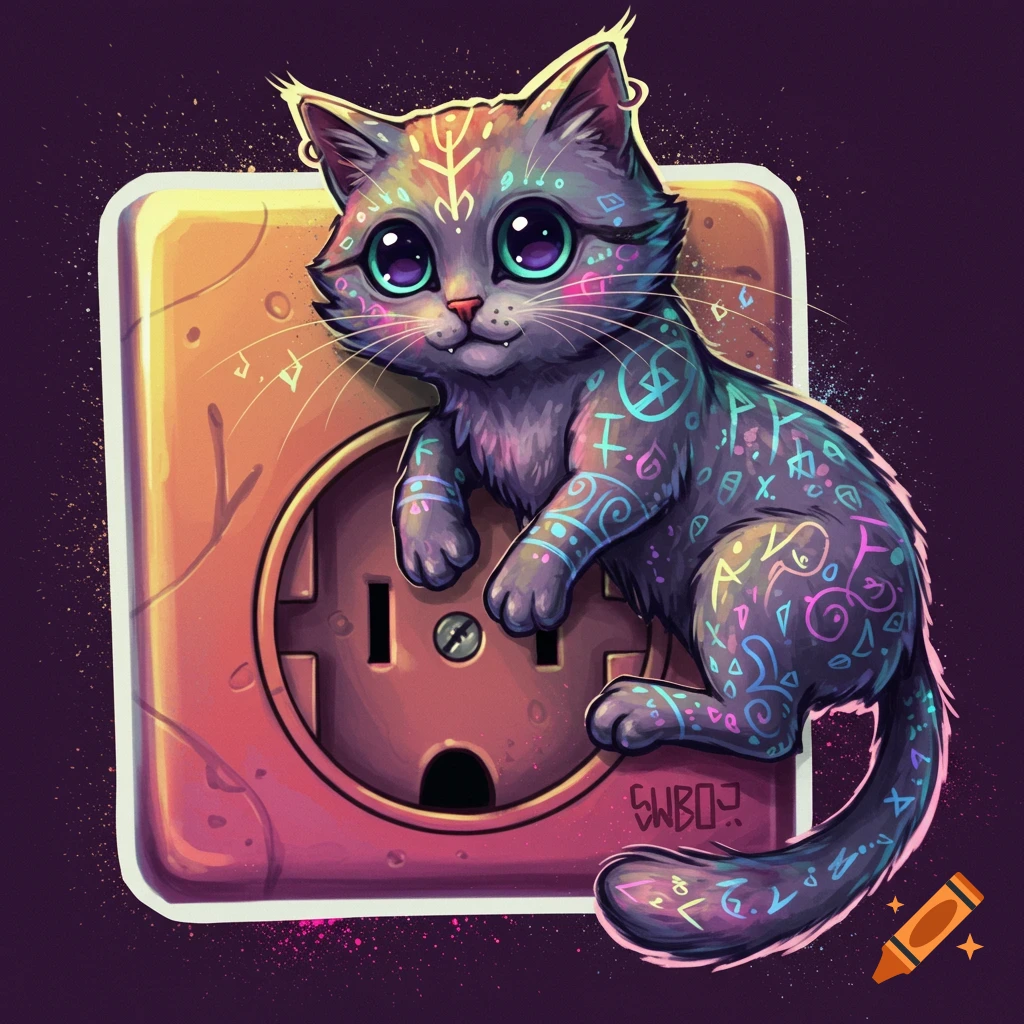 A stylized, glowing cat with neon symbols on its fur sits on an electrical outlet.