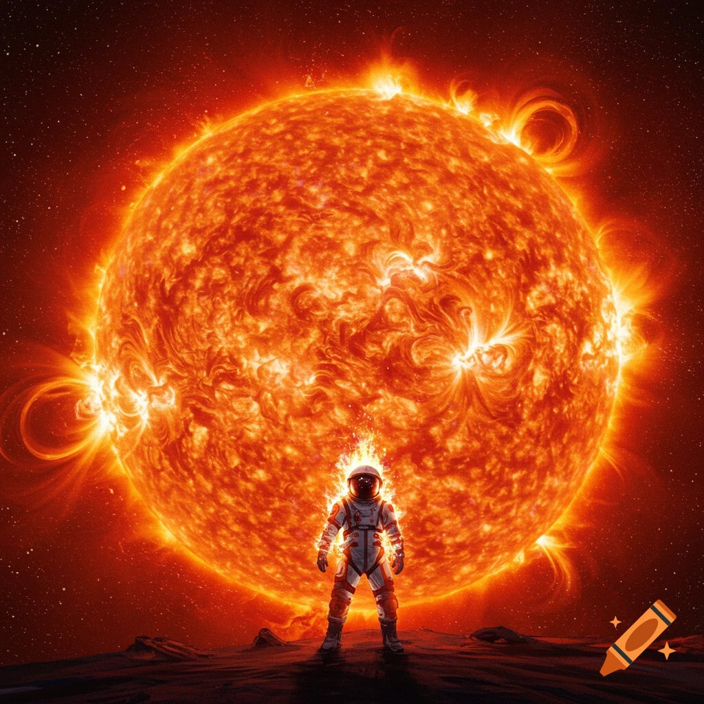 Astronaut standing on a surface in front of a huge, fiery sun in space