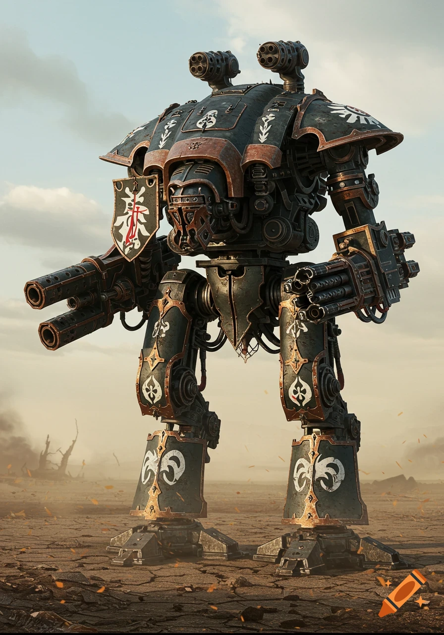 A massive, heavily armored imperial knight mech stands in a desolate, rocky wasteland under a cloudy sky.