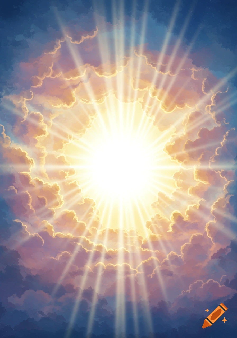 A brilliant golden-white light radiates from swirling clouds in a blue sky, with ethereal rays.