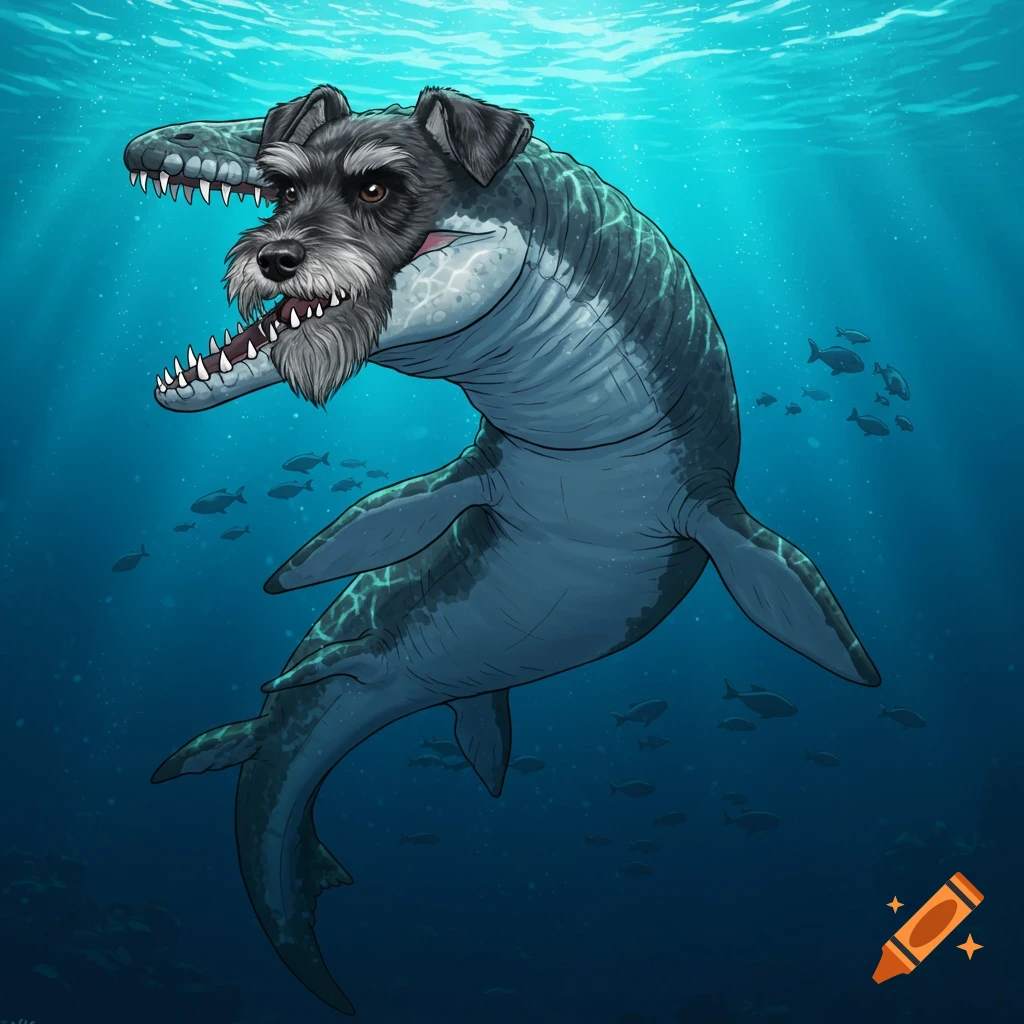 Illustration of a mosasaurus with a black mini schnauzer head swimming underwater with fish.