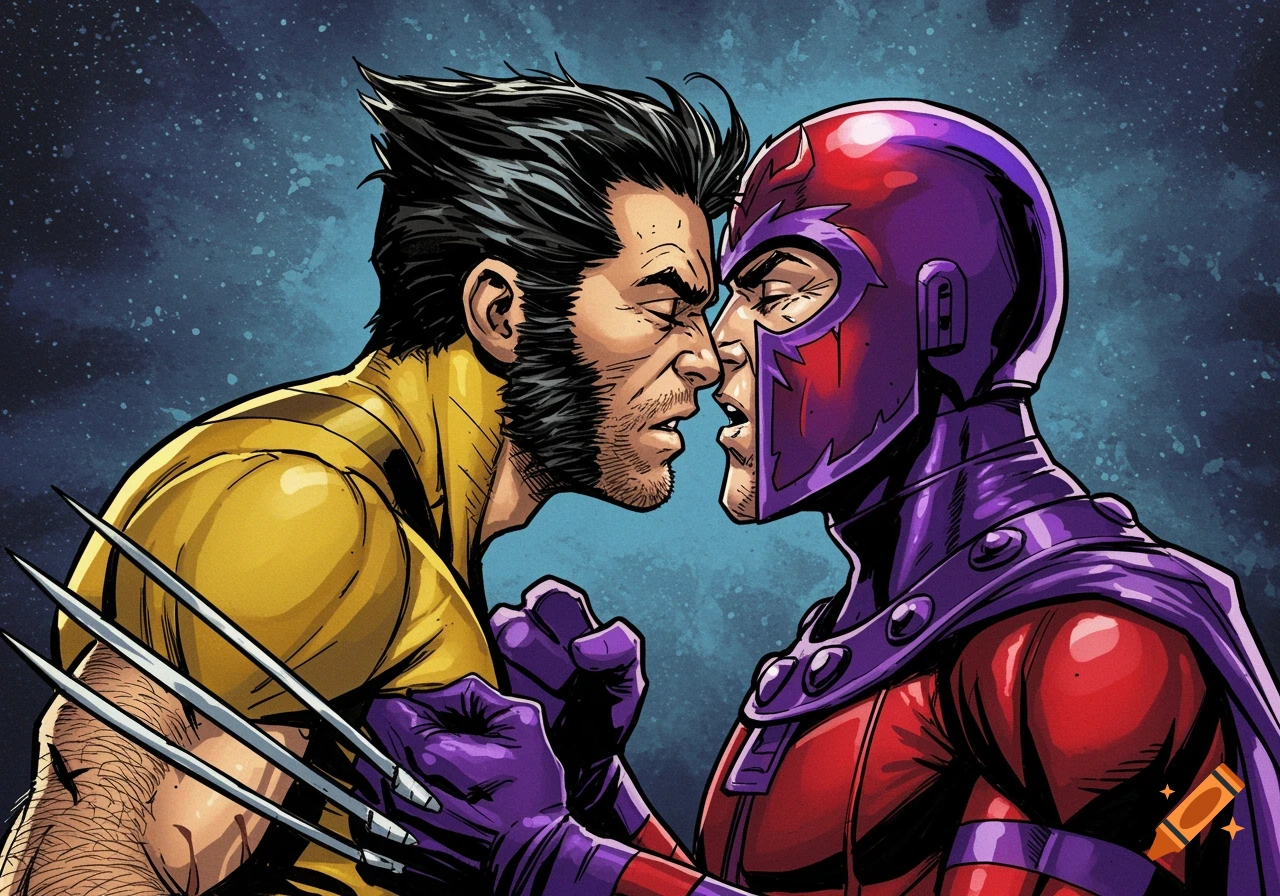 Wolverine and Magneto face off in a dramatic comic book style illustration.