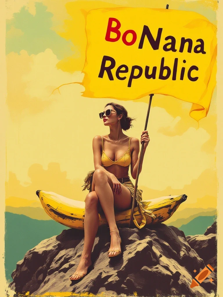 Vintage poster of a woman in a yellow bikini sitting on a giant banana, holding a flag that says 'BoNana Republic' on a rocky hill.