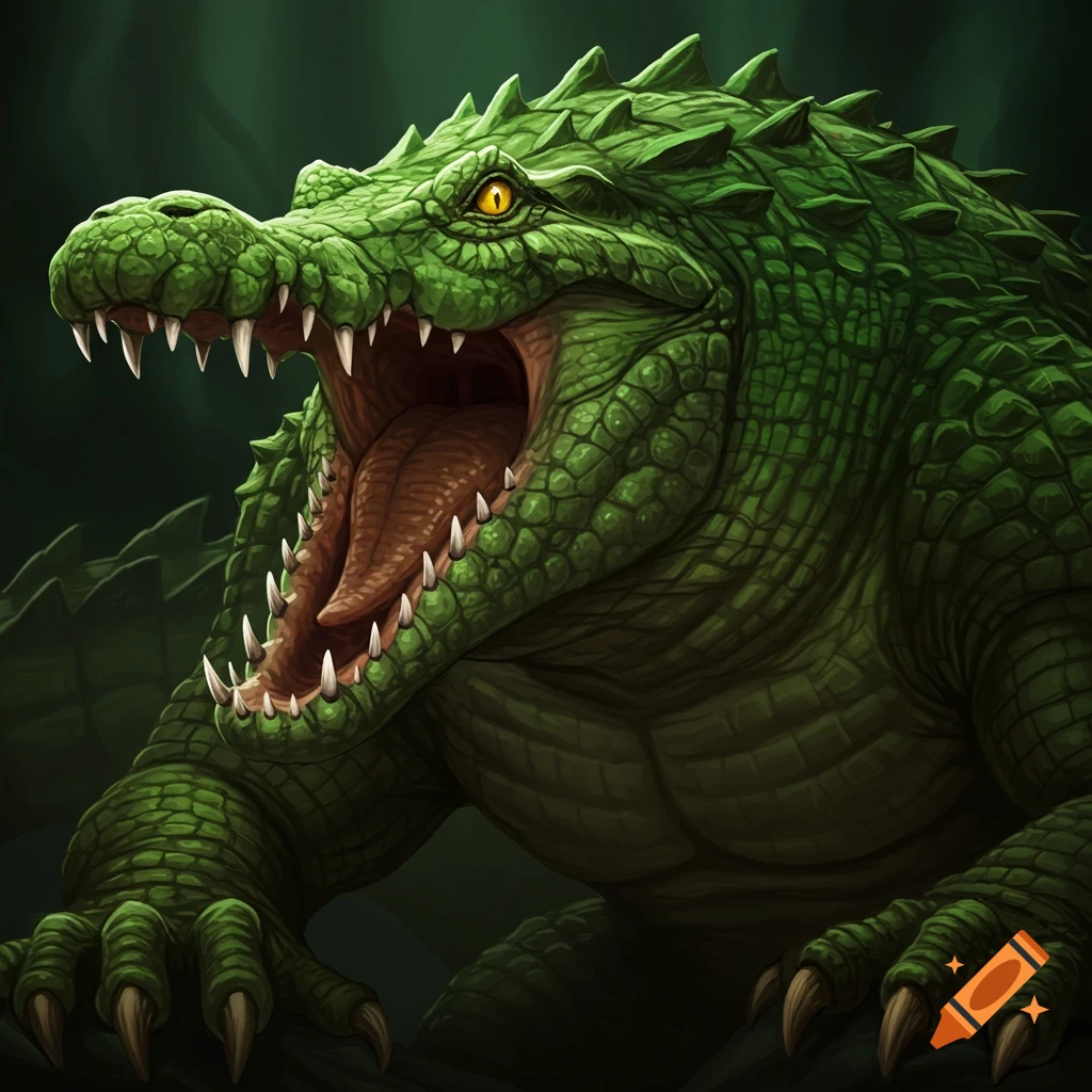 Close-up of a fearsome green crocodile with its mouth wide open, revealing sharp teeth and a textured tongue, in a detailed illustration.
