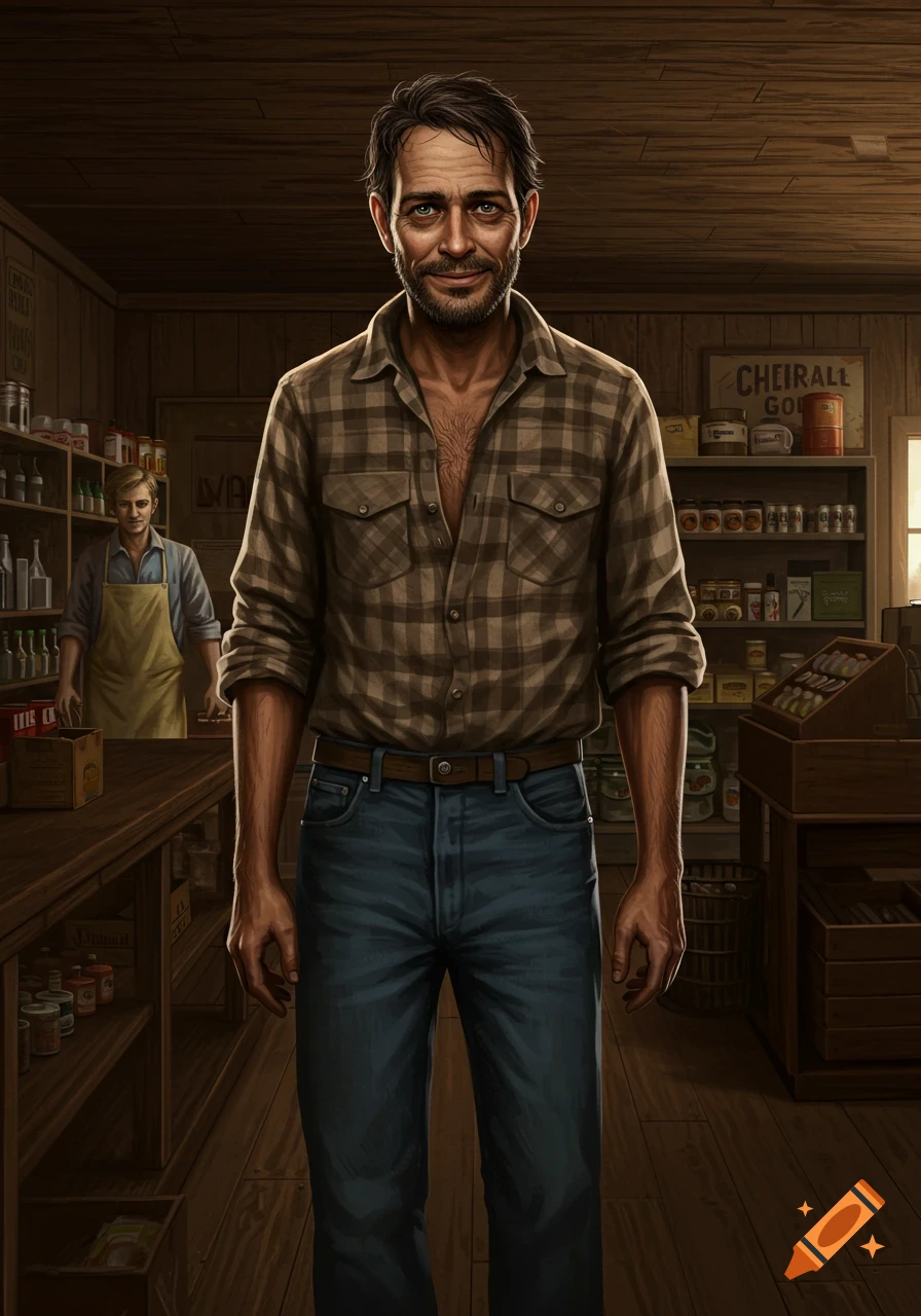 A semi-realistic portrait of a rugged man in a plaid shirt and jeans smiling in an old general store.