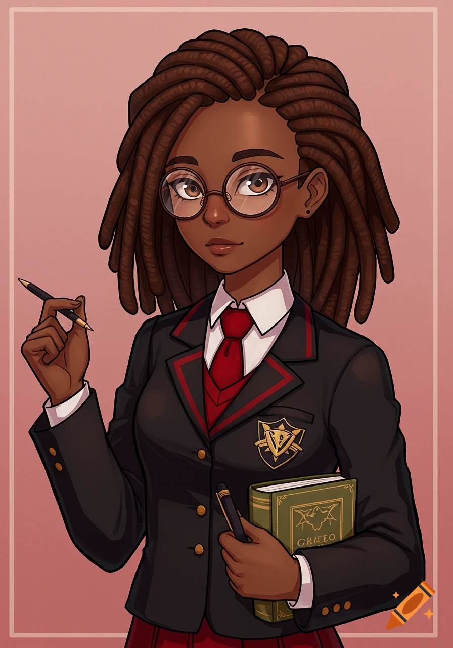 Anime-style portrait of a Black girl with dreadlocks and glasses, wearing a black and red school uniform, holding a pen and a book.