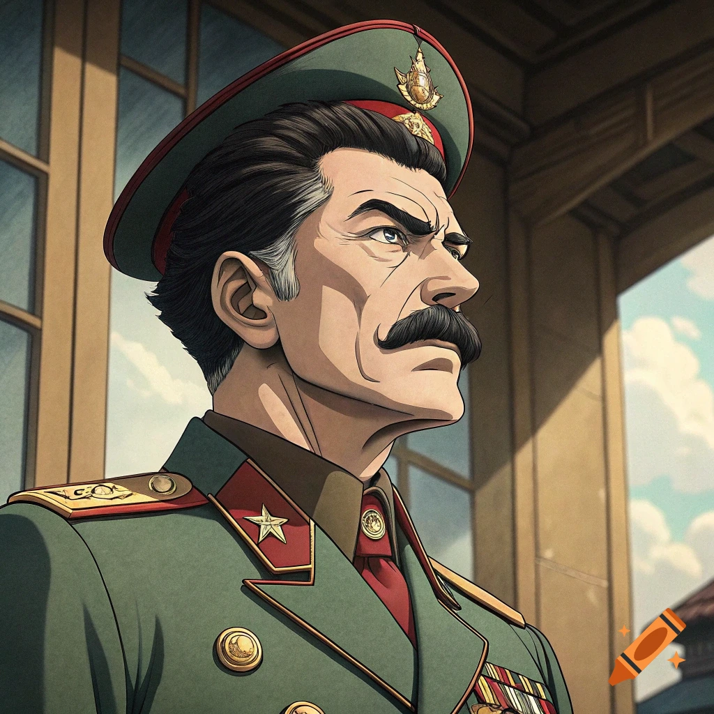 Anime style portrait of Joseph Stalin in a military uniform.