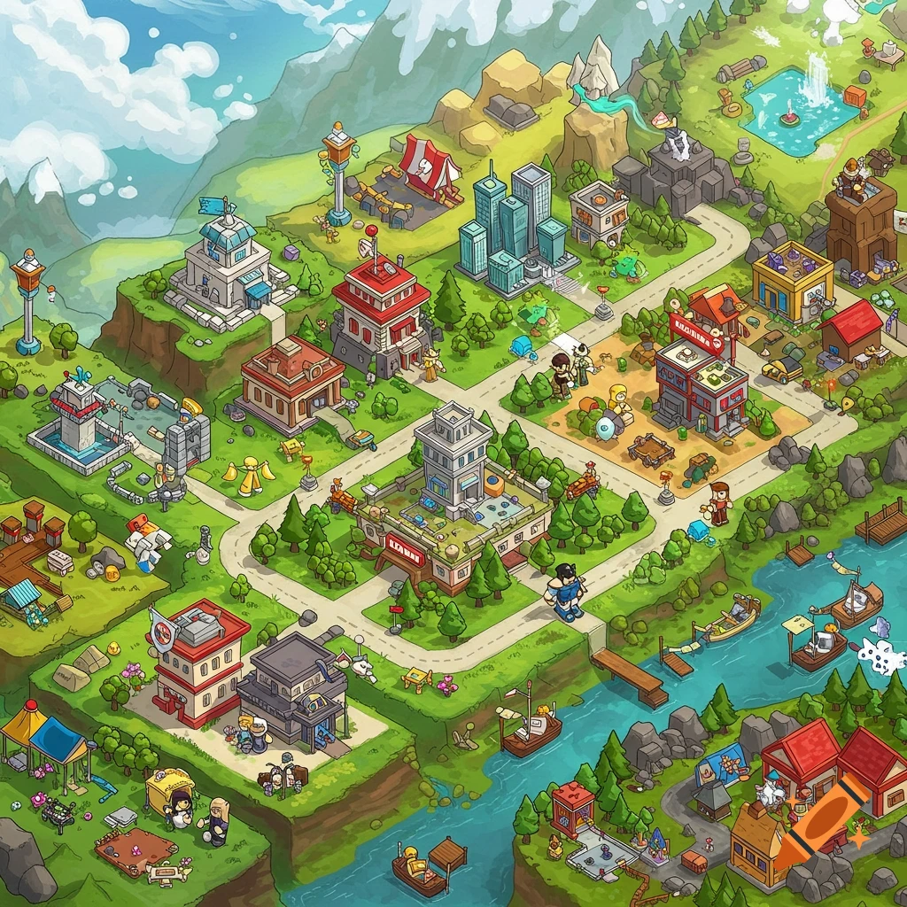 A colorful, isometric top-down map of a cartoon town or city. The map features various buildings like hotels, hospitals, and train stations, winding roads, a river with boats, mountains, and small figures. The style resembles a Roblox game map.
