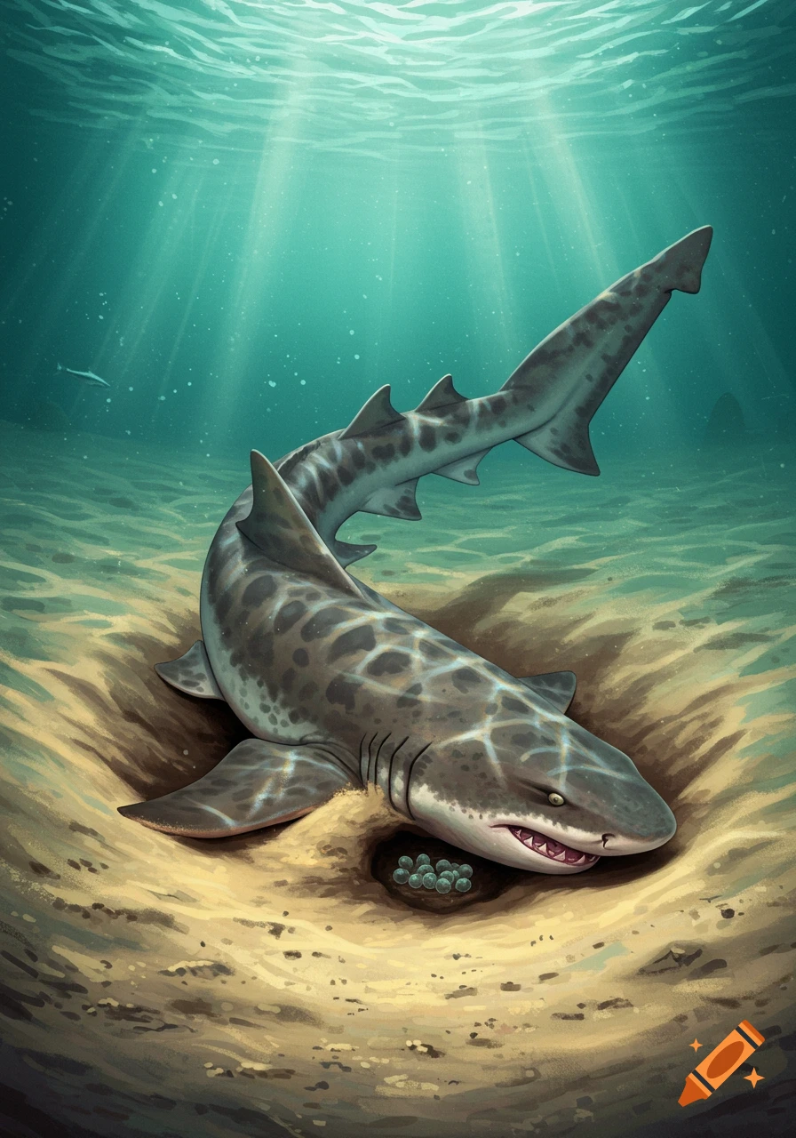 An illustration of a shark burrowed in the sand guarding a clutch of eggs on the ocean floor.
