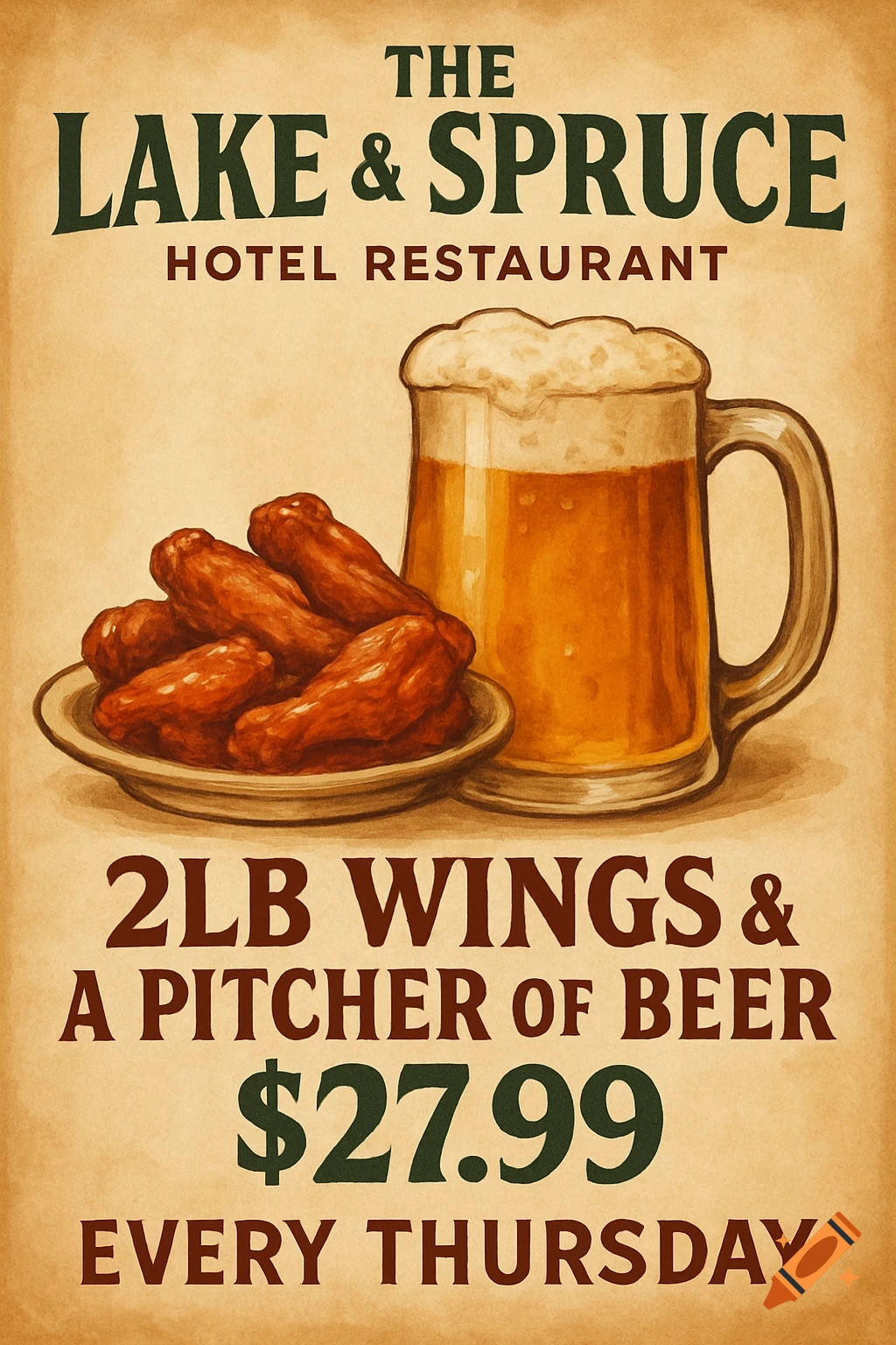 A vintage-style poster for 'The Lake & Spruce Hotel Restaurant' featuring chicken wings and a beer mug, advertising a $27.99 deal for 2LB wings and a pitcher of beer every Thursday.