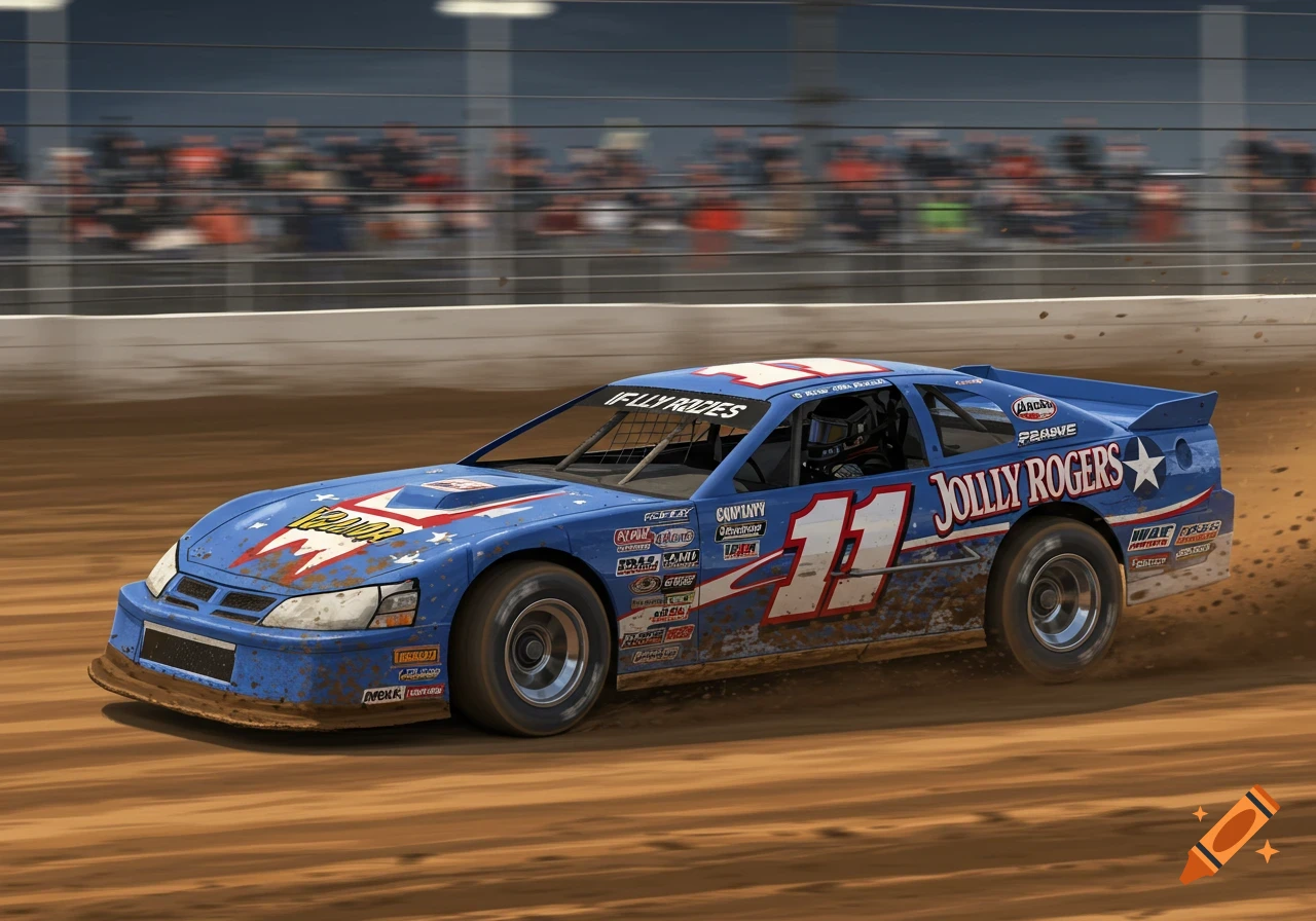 A blue dirt track super late model racecar with "11" and "Jolly Rogers" painted on its side, racing on a dirt track.