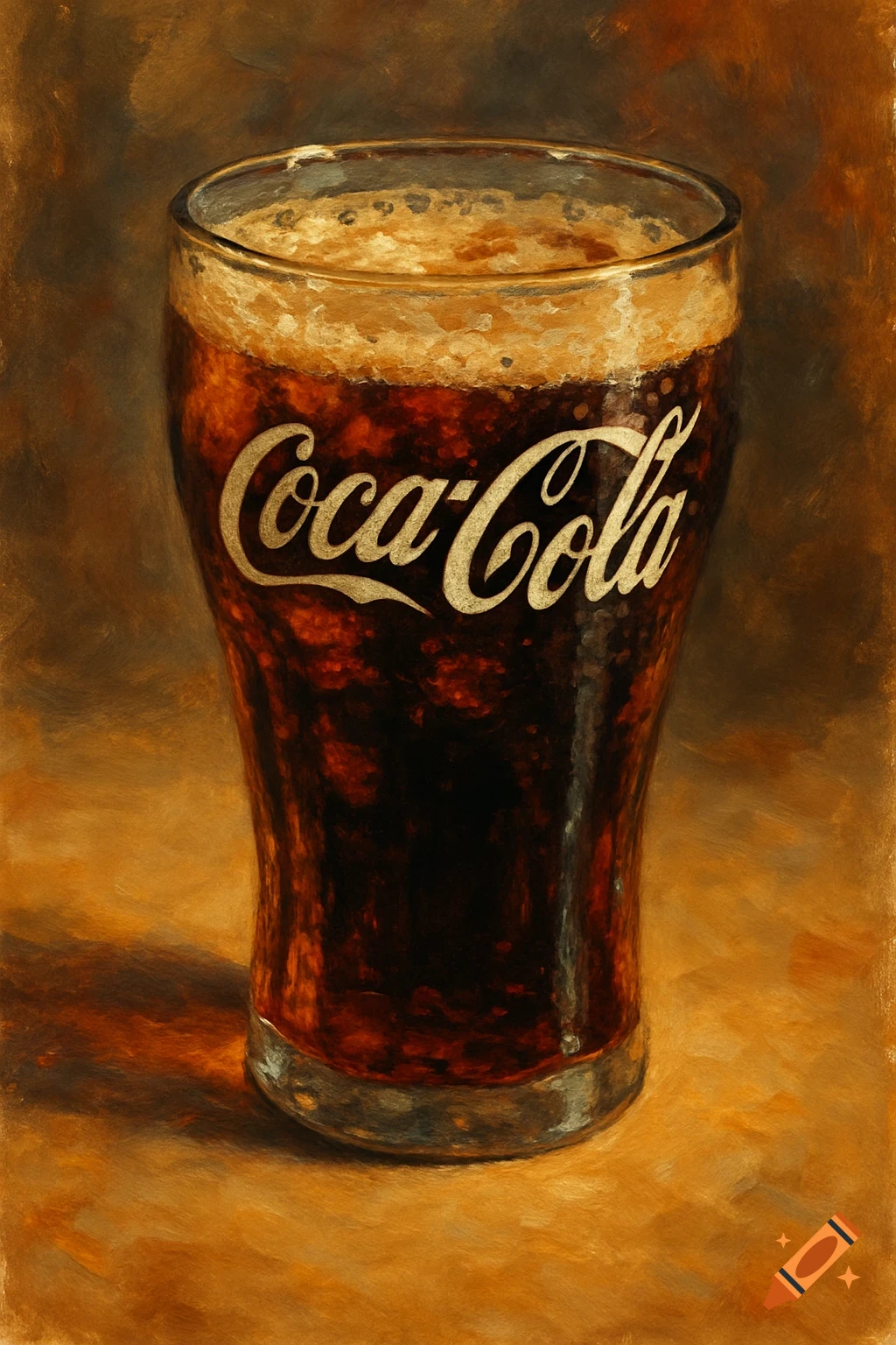 An oil painting of a glass of Coca-Cola with foam, on a textured background.