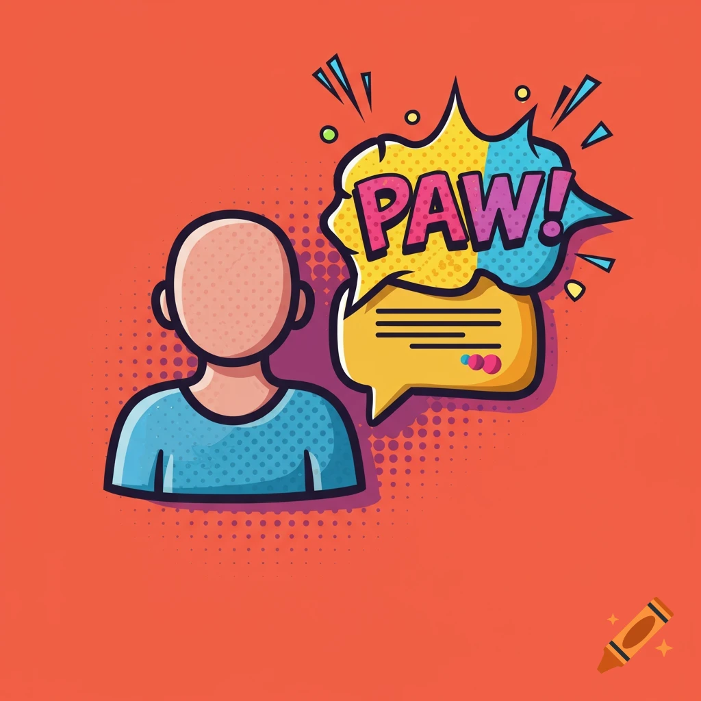 Pop art illustration of a person with two speech bubbles, one saying 'PAW!'
