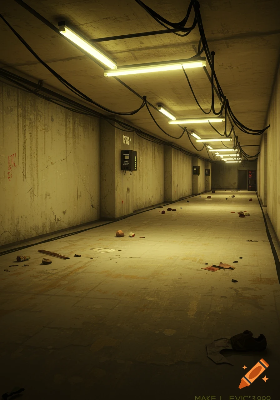 An eerie, abandoned concrete hallway with fluorescent lights, exposed wires, and debris on the floor, in a grunge, industrial style.