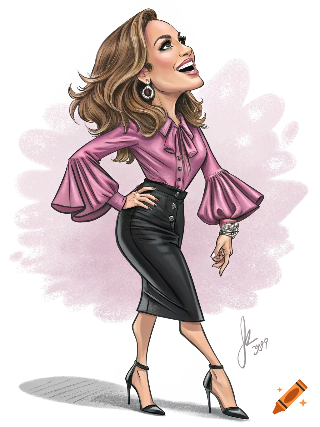 Cartoon caricature of Jennifer Lopez in a pink blouse with bell sleeves and a black pencil skirt, looking up and smiling.
