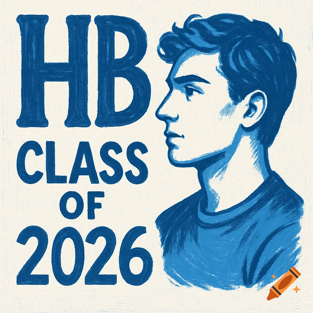 Blue and white illustration of a young man in profile, with the text 'HB Class of 2026'.
