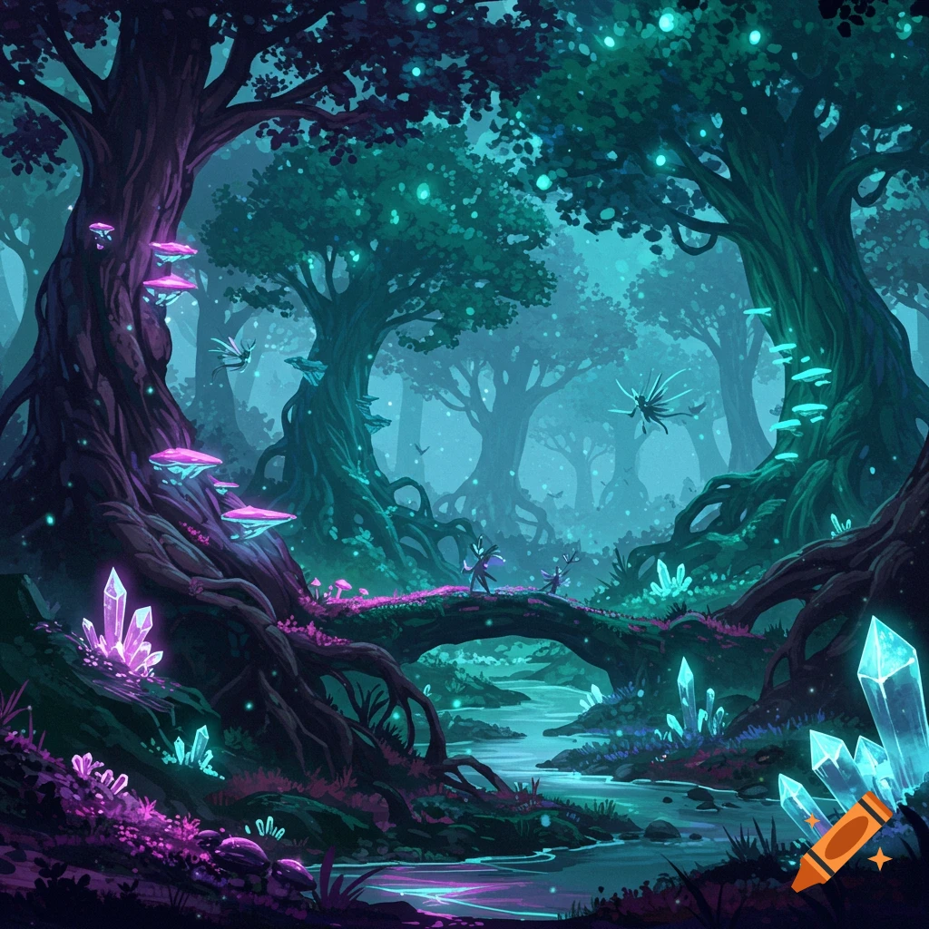 Digital painting of a glowing fantasy forest with crystals, river, bridge, and small figures