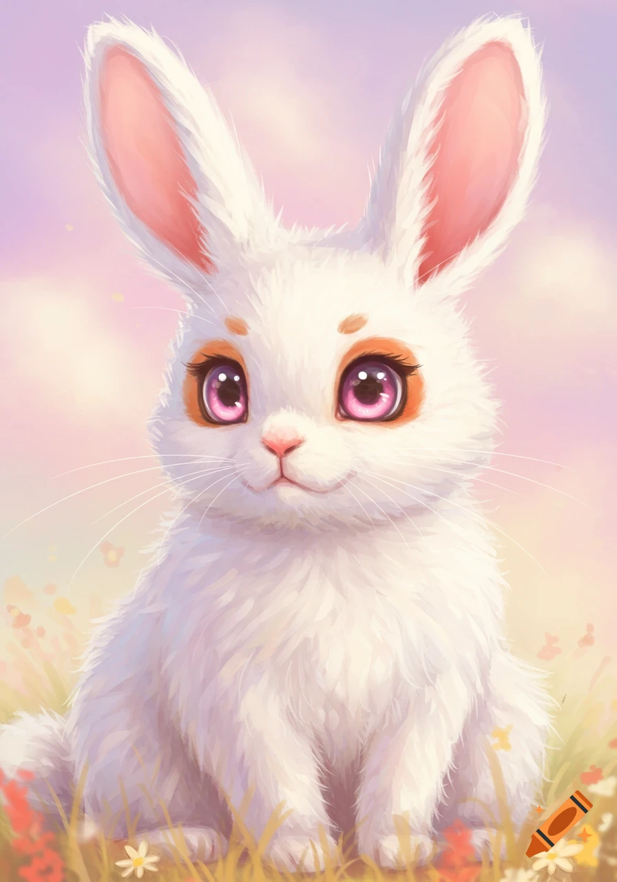 A cute, fluffy white rabbit with big pink eyes sits in a field of flowers under a pastel sky. Stylized illustration.