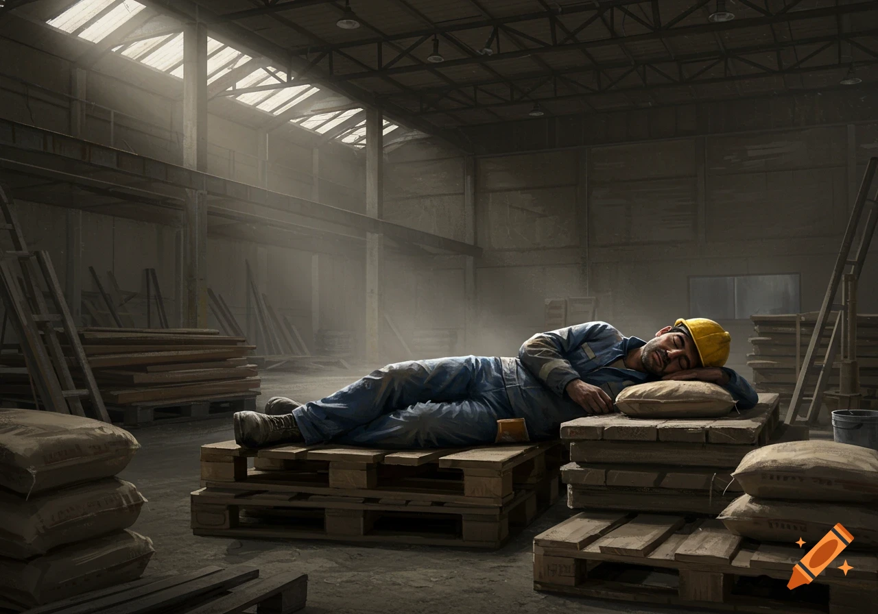 A worker in a hard hat and blue overalls sleeps on a pallet in a dusty, dimly lit warehouse filled with stacks of materials, with light streaming through the roof.