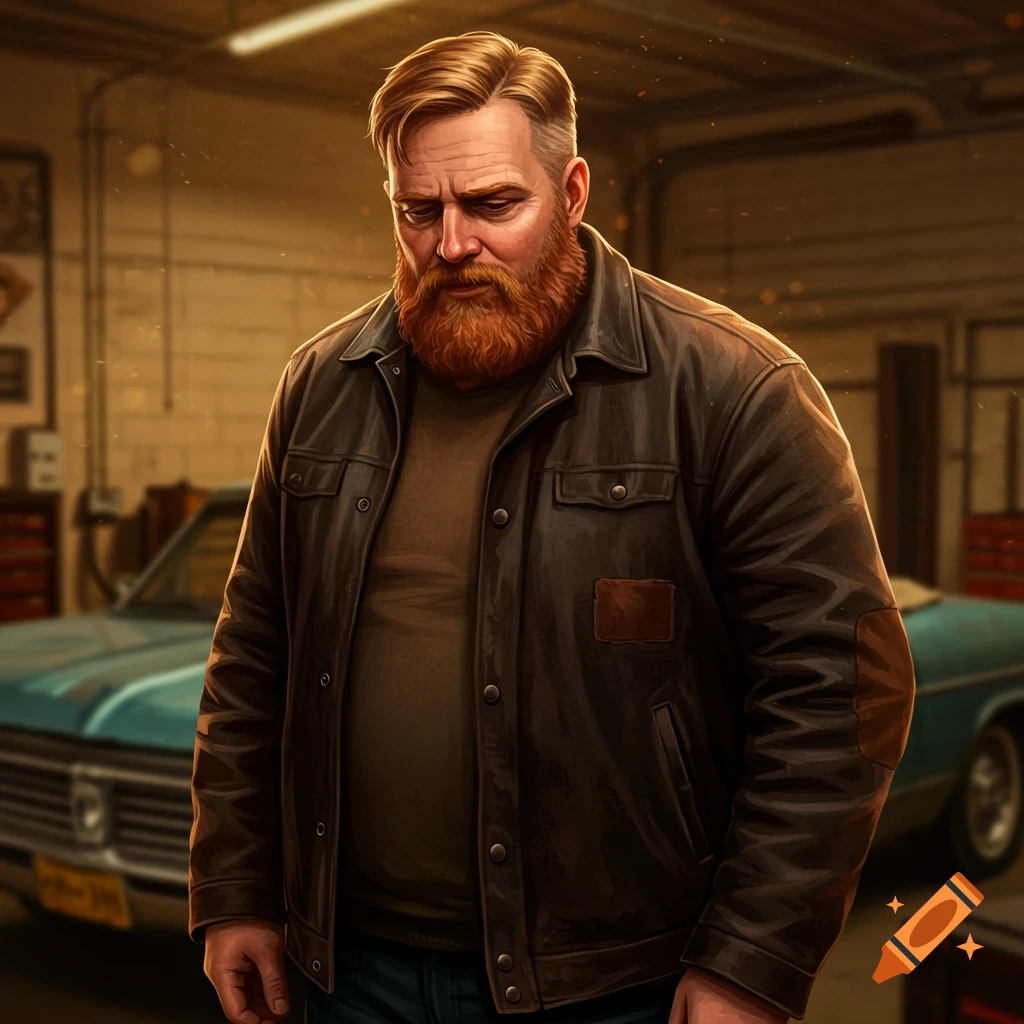 A middle-aged man with a red beard and brown leather jacket stands in a garage with a blue classic car behind him.