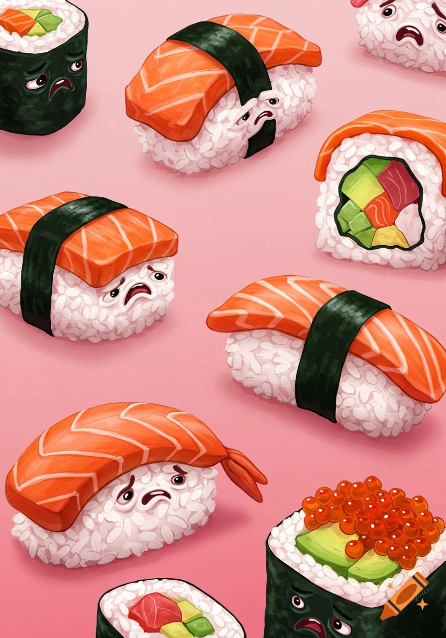 Cartoon illustration of various sushi pieces with scared and uncomfortable faces on a pink background.